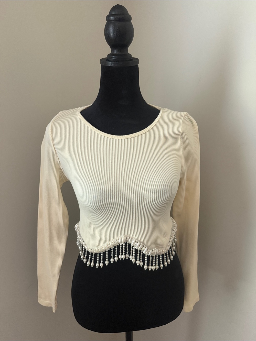 Zara Cream Rib-Knit Long Sleeve Crop Top with Beaded Fringe